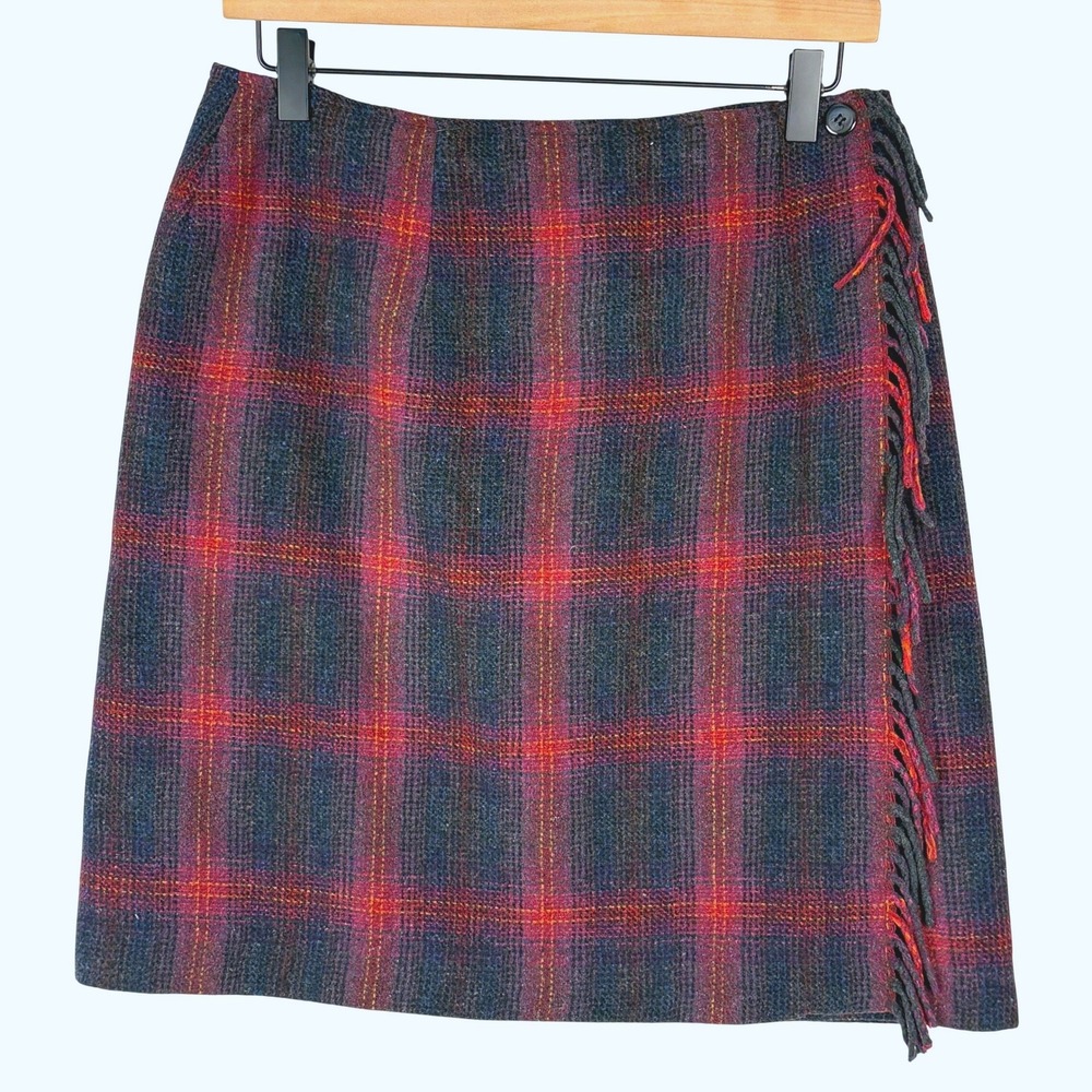 Talbots Wrap Mini Wool Skirt Plaid Skirt 10 Fringe Trim Fall Heritage Academia